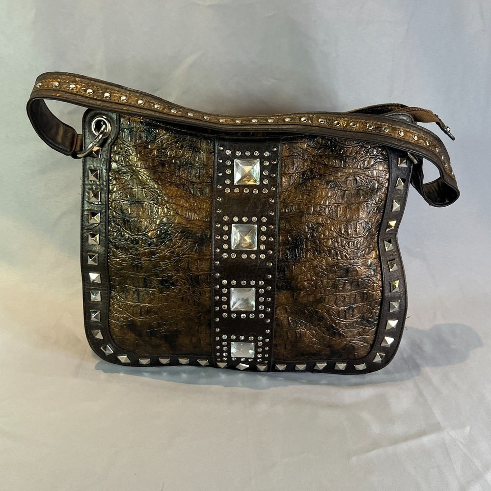 MC Marc Chantal Western Shoulder Bag Women Brown Croc Leather Rhinestone Studded